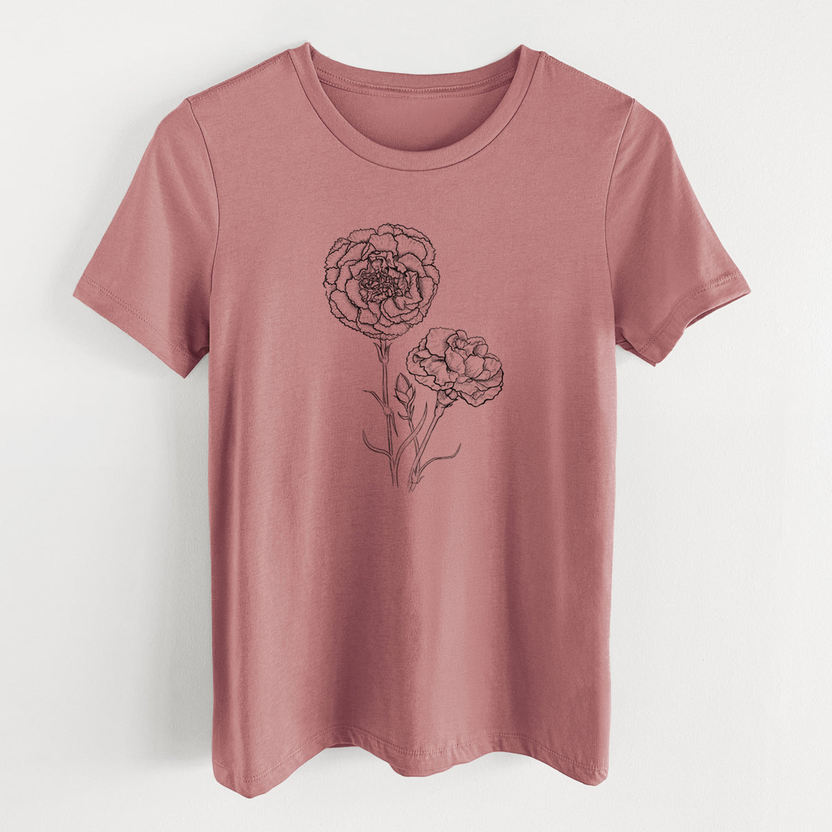 Mauve pink women's relaxed fit cotton t-shirt laid flat, printed with a black ink line drawing of carnation flowers on stems.