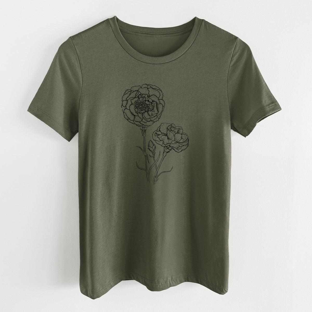 Military green women's relaxed fit cotton t-shirt laid flat, printed with a black ink line drawing of carnation flowers on stems.