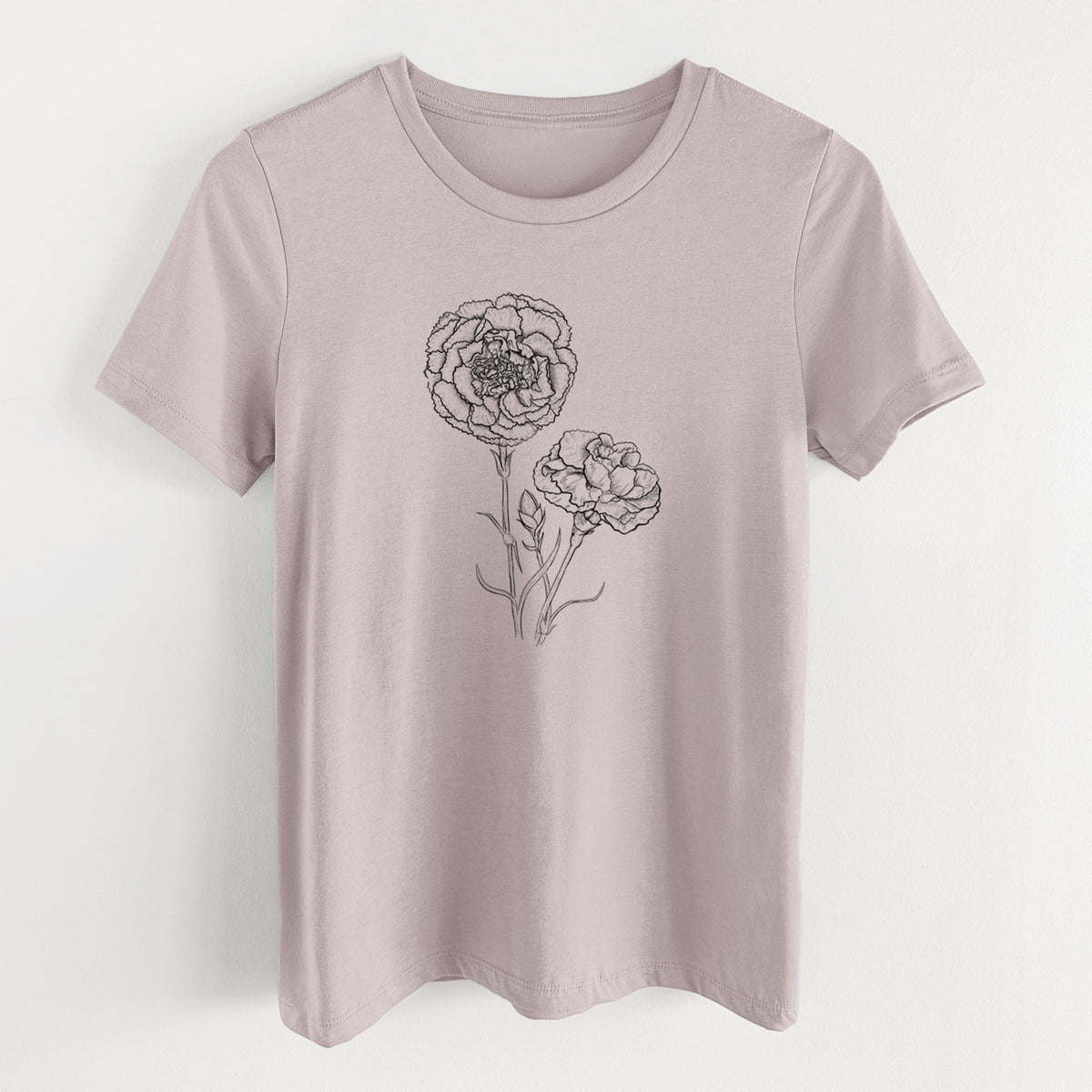 Pink gravel women's relaxed fit cotton t-shirt laid flat, printed with a black ink line drawing of carnation flowers on stems.