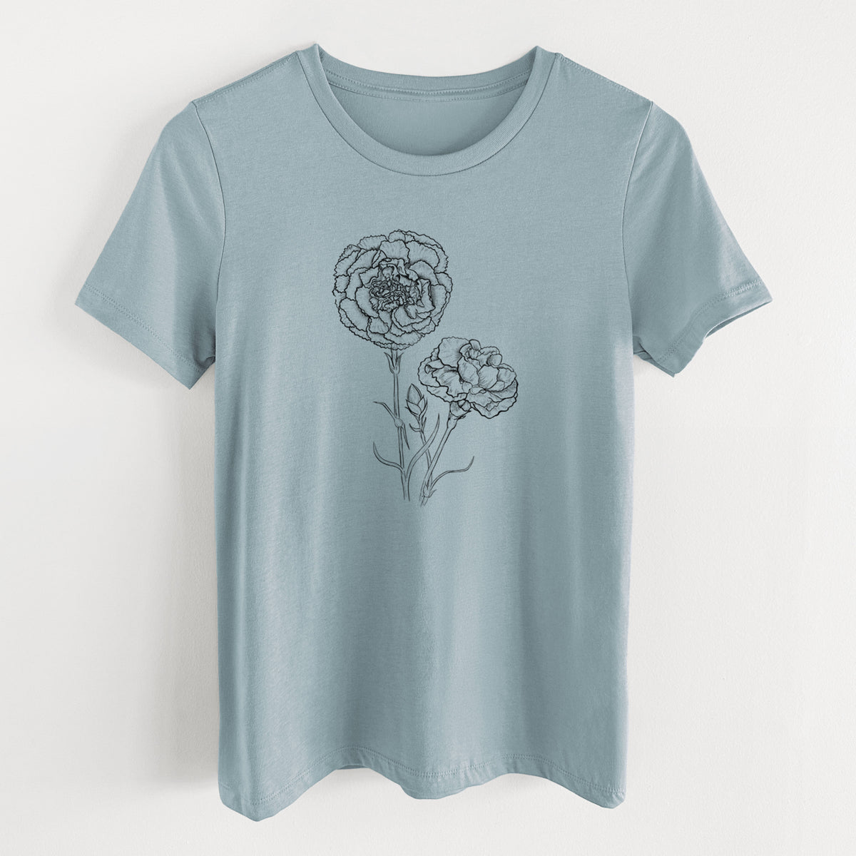 Vintage denim women's relaxed fit cotton t-shirt laid flat, printed with a black ink line drawing of carnation flowers on stems.