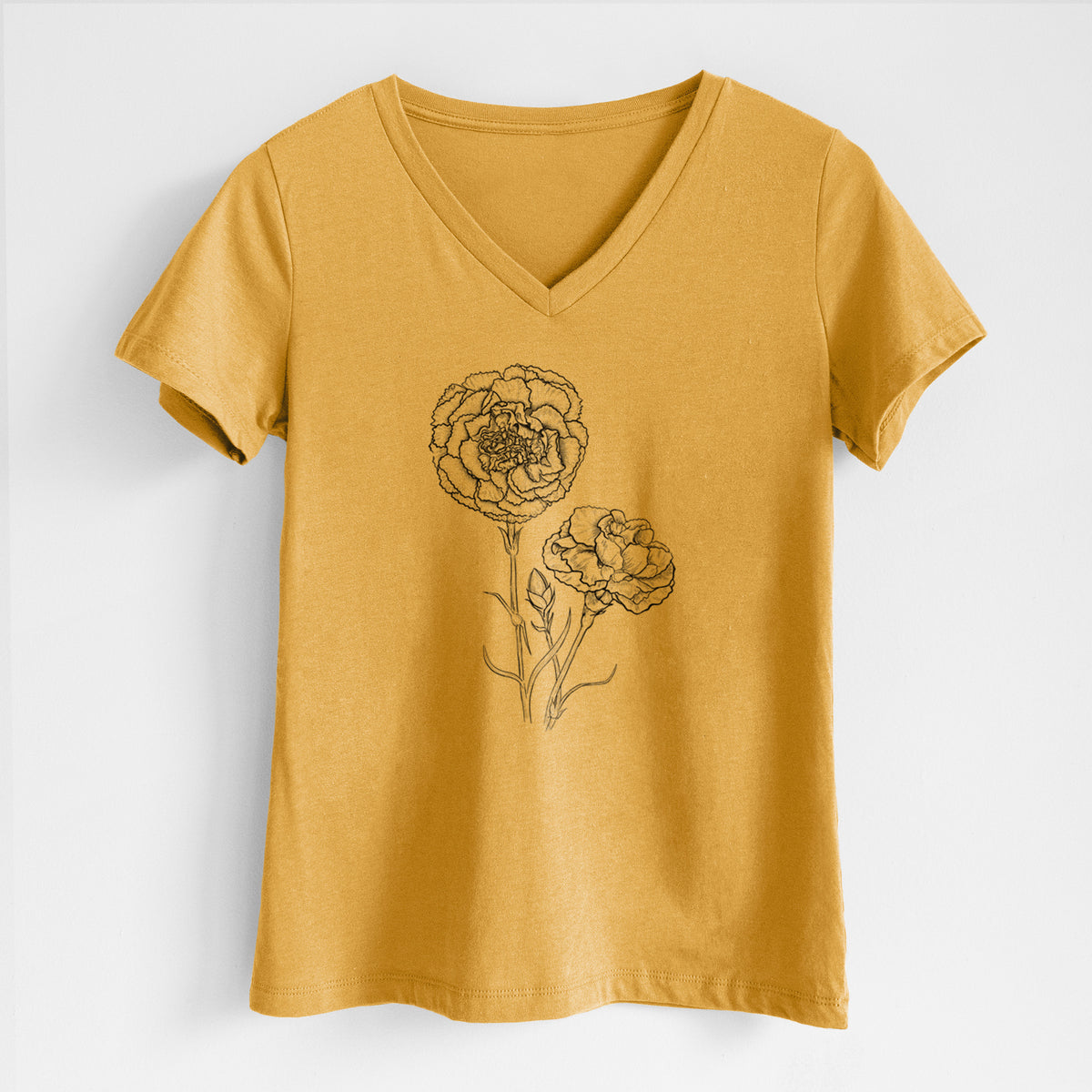 Honeycomb yellow women's relaxed fit cotton V-neck t-shirt laid flat, printed with a black ink line drawing of carnation flowers on stems.