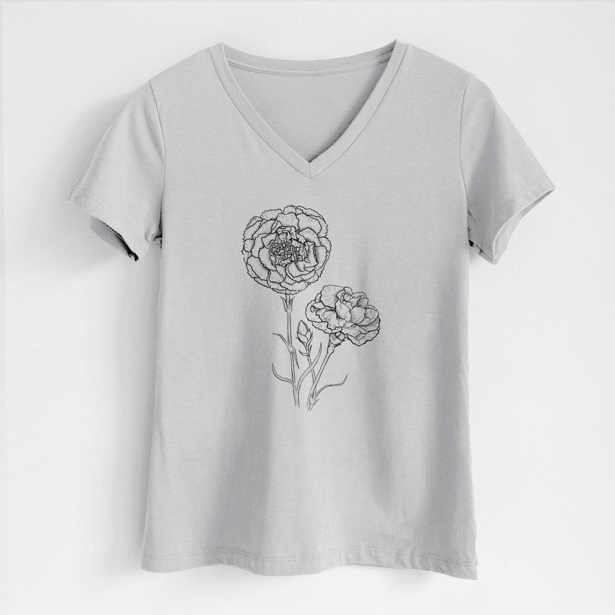 Lunar grey women's relaxed fit cotton V-neck t-shirt laid flat, printed with a black ink line drawing of carnation flowers on stems.