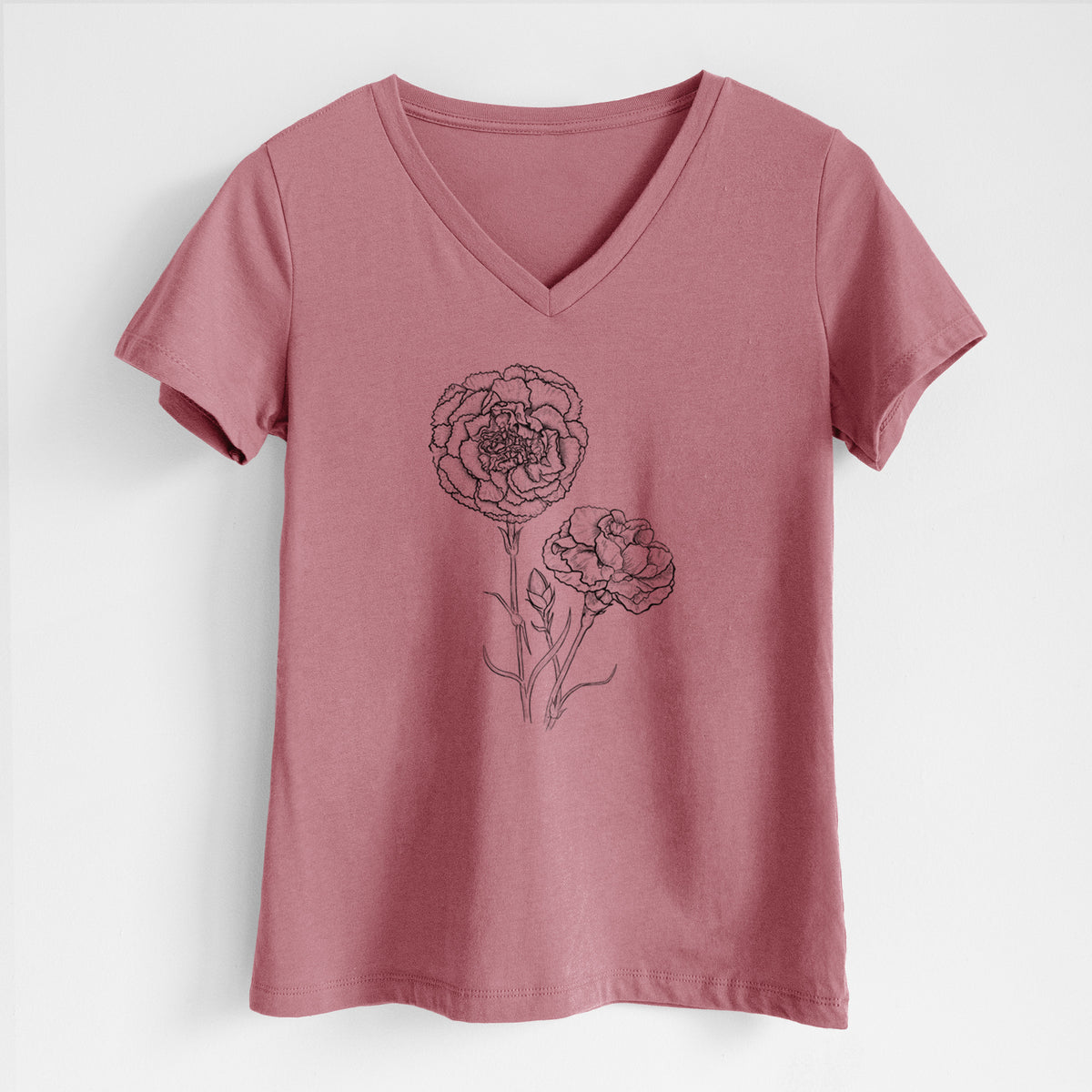 Mauve pink women's relaxed fit cotton V-neck t-shirt laid flat, printed with a black ink line drawing of carnation flowers on stems.