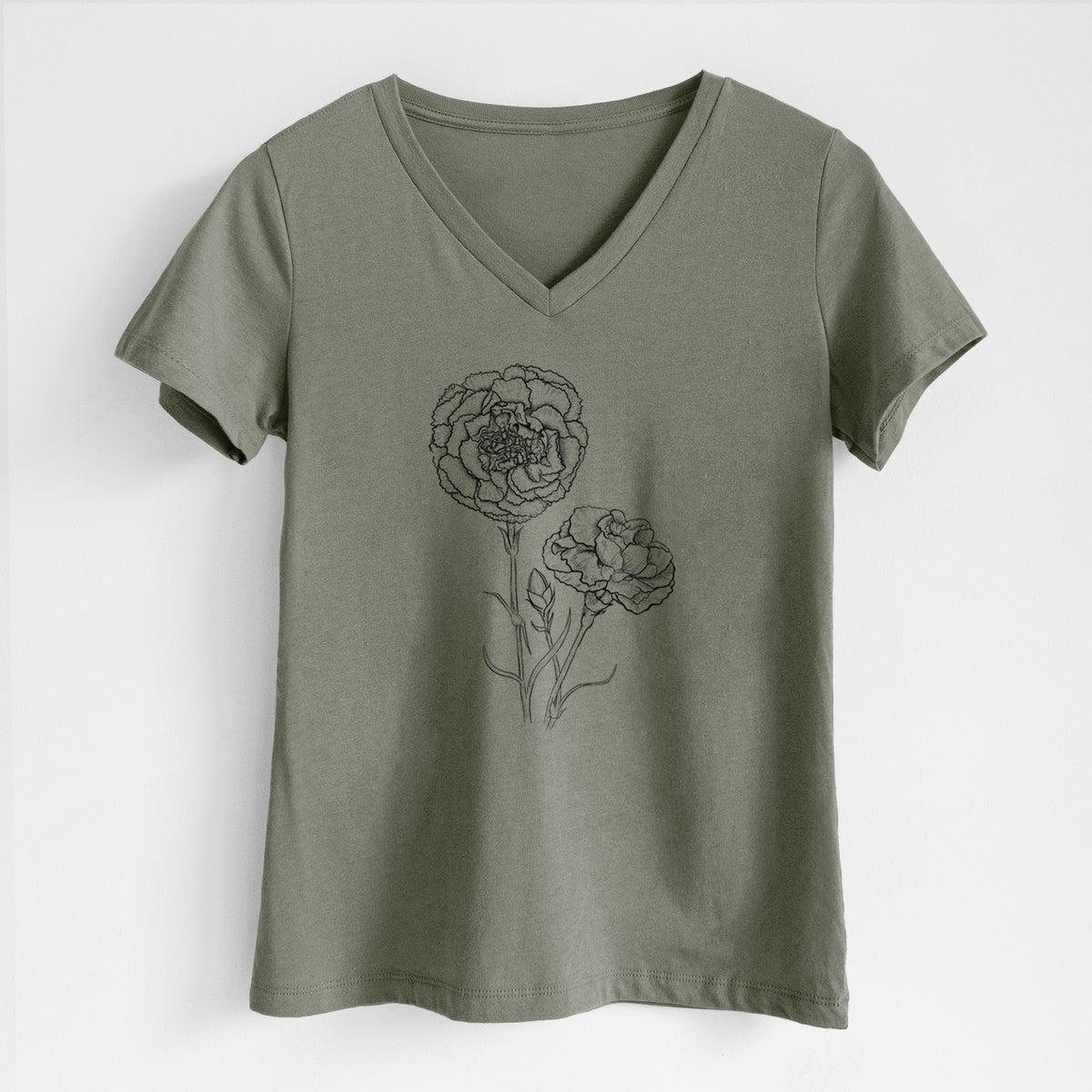 Military green women's relaxed fit cotton V-neck t-shirt laid flat, printed with a black ink line drawing of carnation flowers on stems.