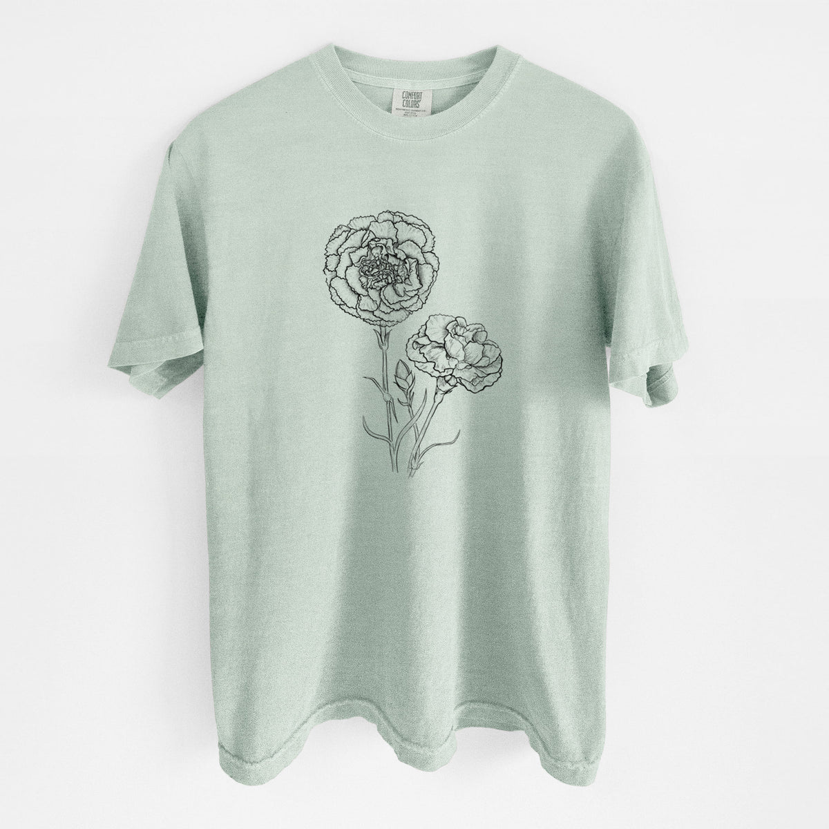 Bay green Comfort Colors t-shirt laid flat, printed with a black ink line drawing of carnation flowers on stems.