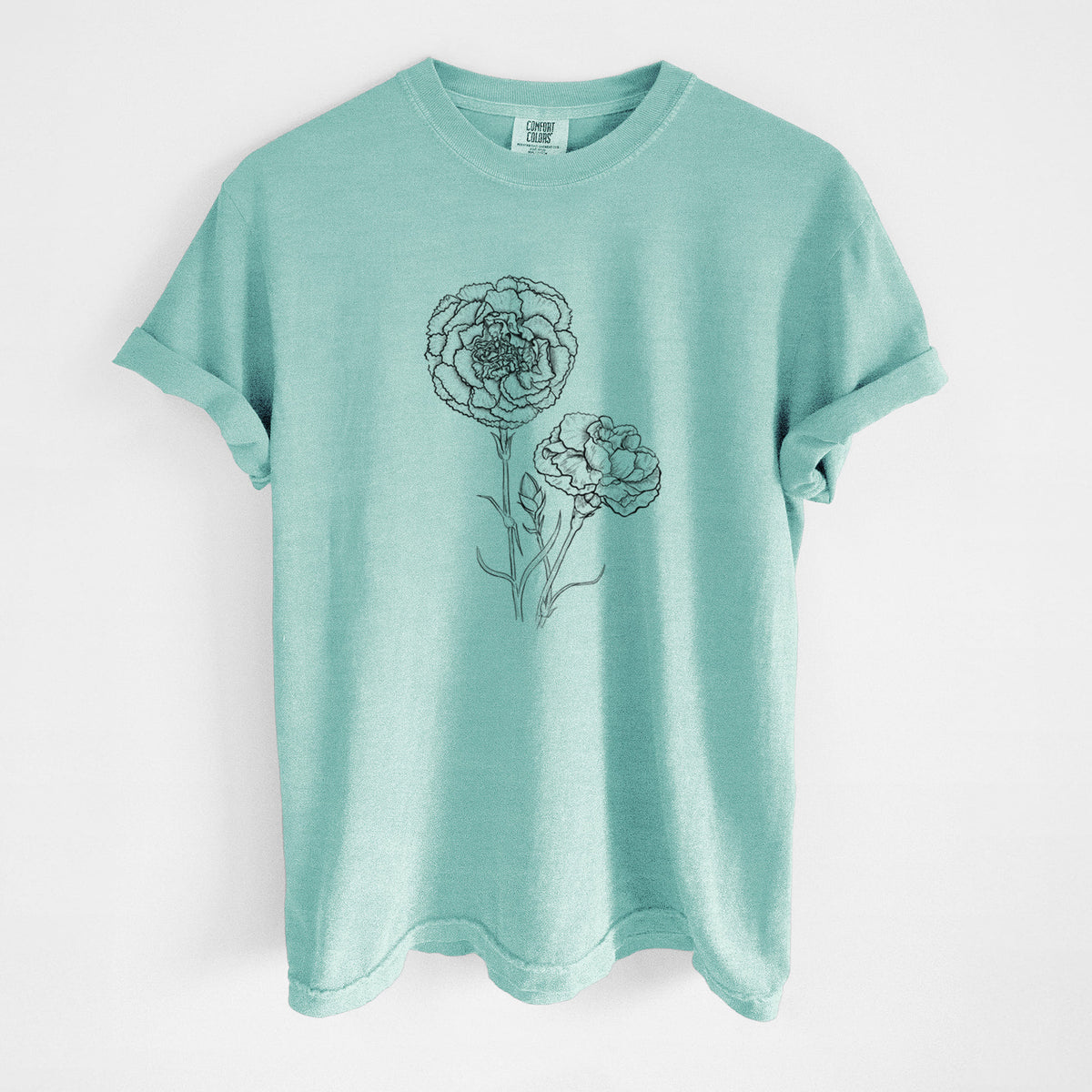 Chalky mint Comfort Colors t-shirt laid flat, printed with a black ink line drawing of carnation flowers on stems.
