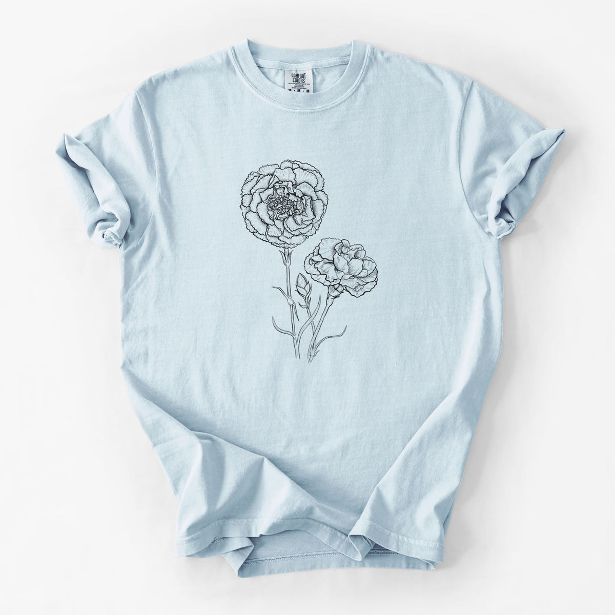 Chambray blue Comfort Colors t-shirt laid flat, printed with a black ink line drawing of carnation flowers on stems.