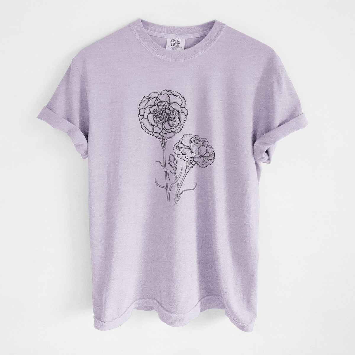 Orchid purple Comfort Colors t-shirt laid flat, printed with a black ink line drawing of carnation flowers on stems.