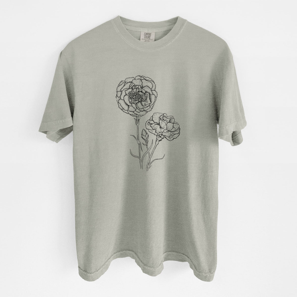 Sandstone beige Comfort Colors t-shirt laid flat, printed with a black ink line drawing of carnation flowers on stems.