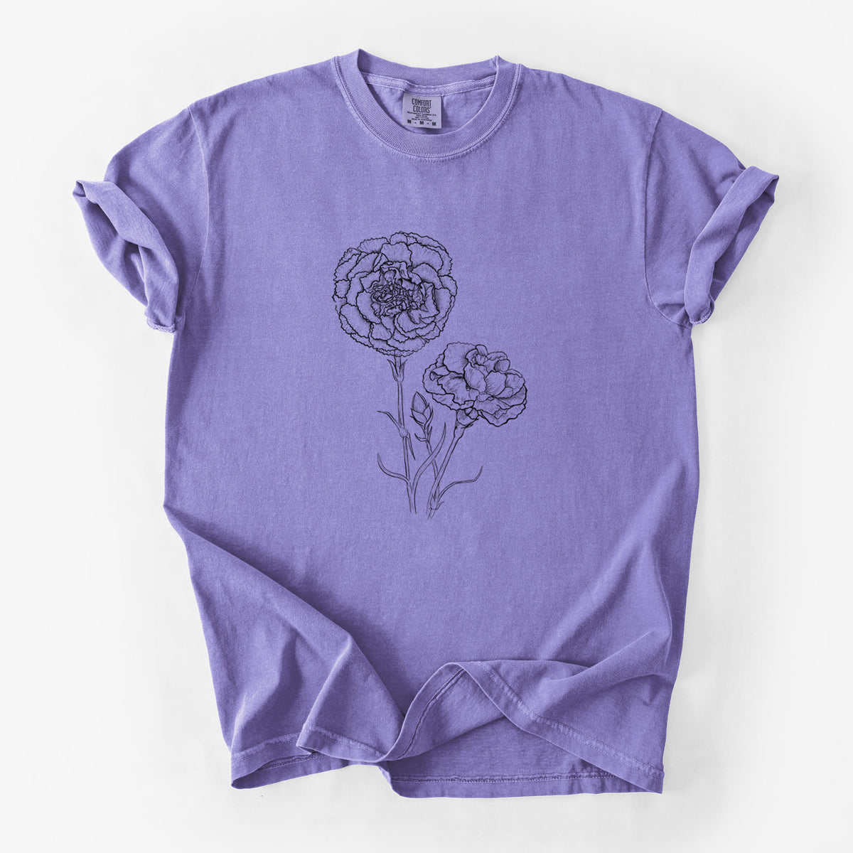 Violet purple Comfort Colors t-shirt laid flat, printed with a black ink line drawing of carnation flowers on stems.