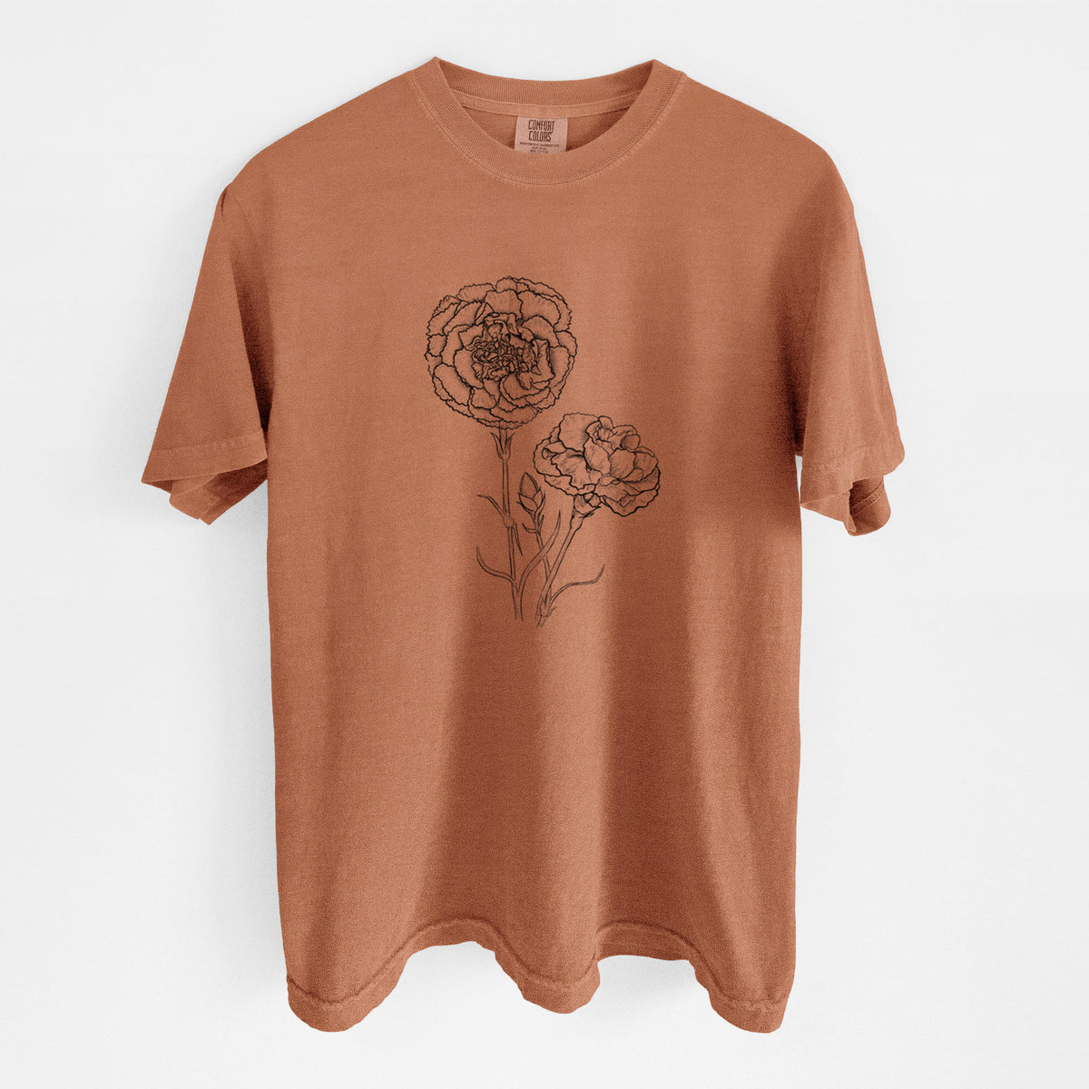 Yam burnt orange Comfort Colors t-shirt laid flat, printed with a black ink line drawing of carnation flowers on stems.