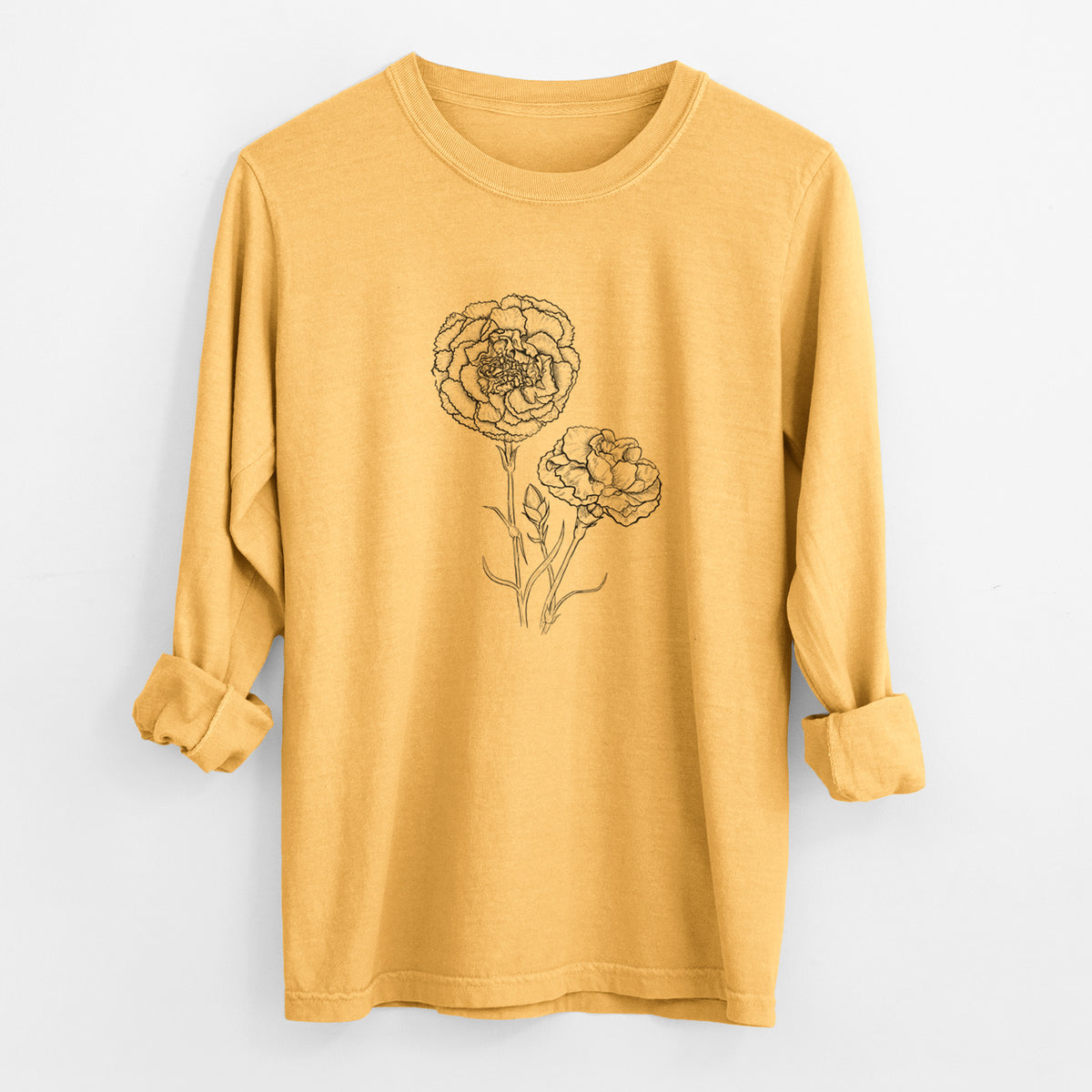 Golden wheat yellow Comfort Colors long sleeve shirt laid flat with the cuffs rolled, printed with a black ink line drawing of carnation flowers on stems.