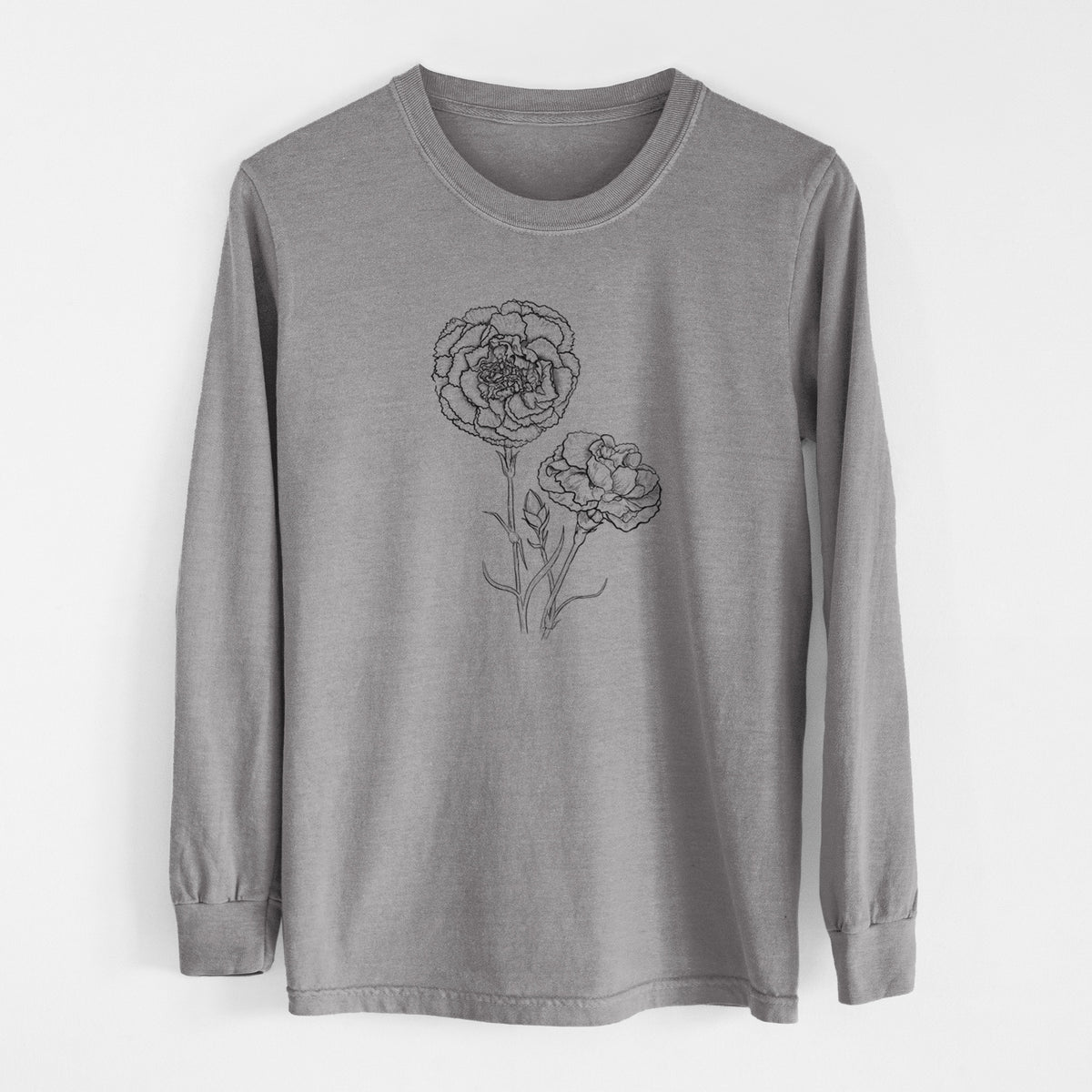 Grey Comfort Colors long sleeve shirt laid flat, printed with a black ink line drawing of carnation flowers on stems.