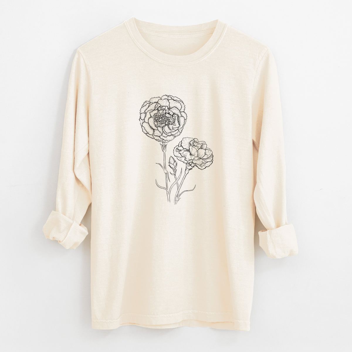 Ivory Comfort Colors long sleeve shirt laid flat with the cuffs rolled, printed with a black ink line drawing of carnation flowers on stems.