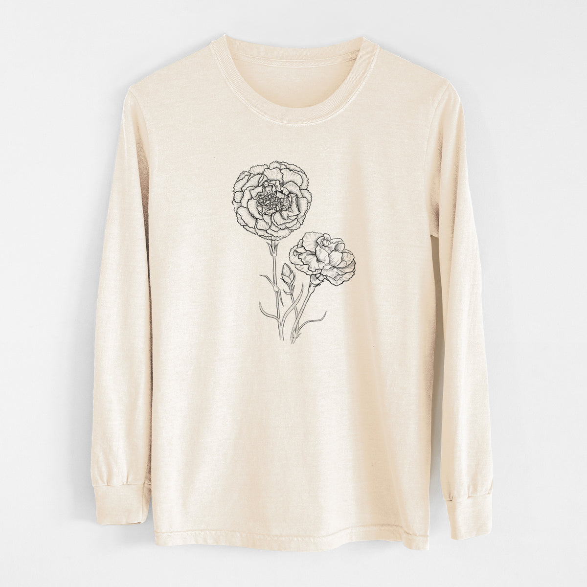 Ivory Comfort Colors long sleeve shirt laid flat, printed with a black ink line drawing of carnation flowers on stems.