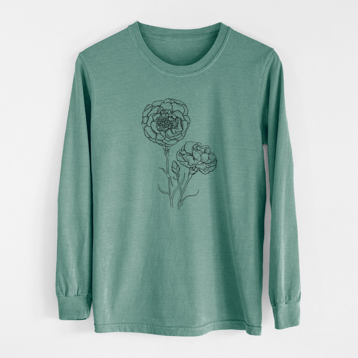 Pine green Comfort Colors long sleeve shirt laid flat, printed with a black ink line drawing of carnation flowers on stems.