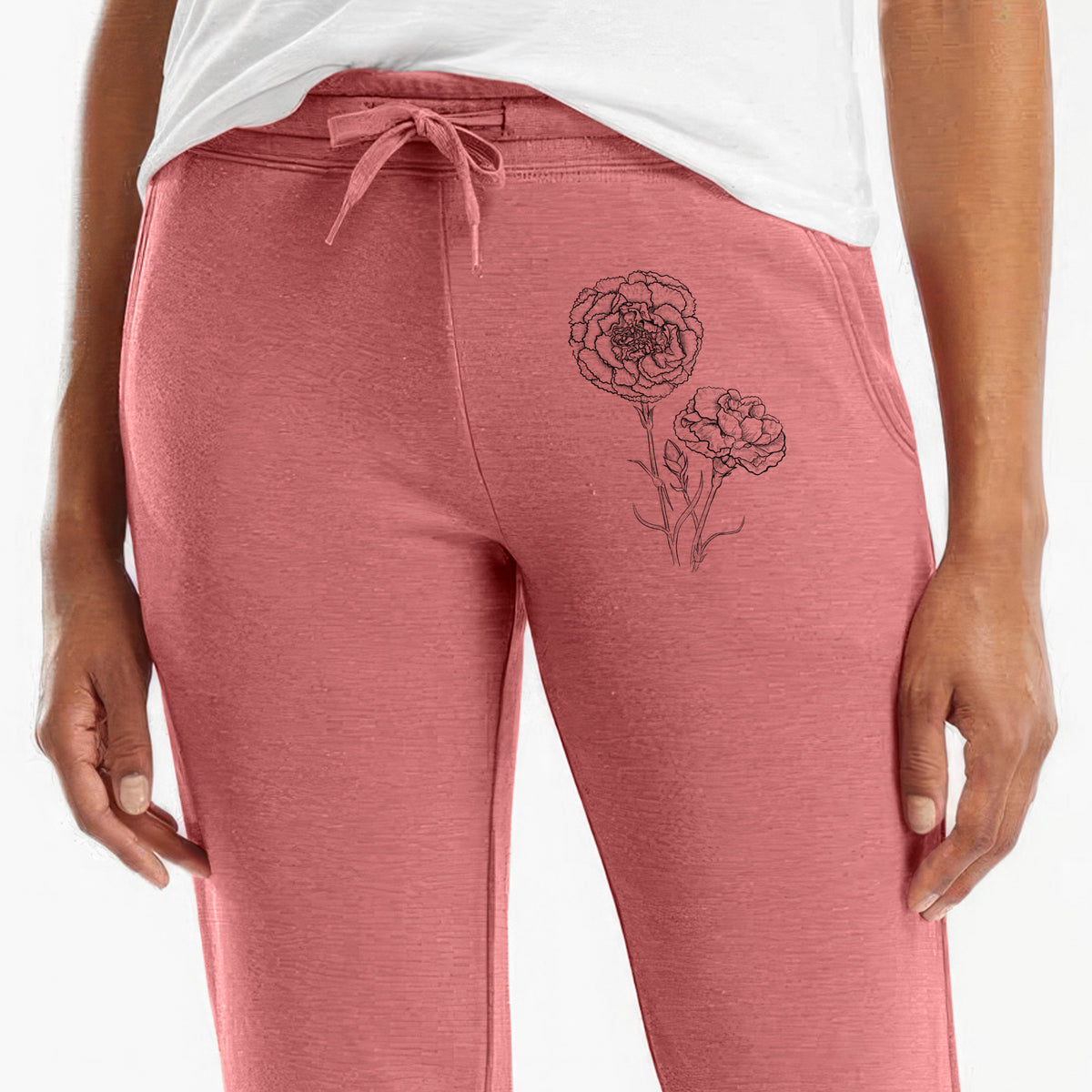 Front of dusty rose Cali Wave sweatpants, printed with a black ink line drawing of carnation flowers on stems on the leg.