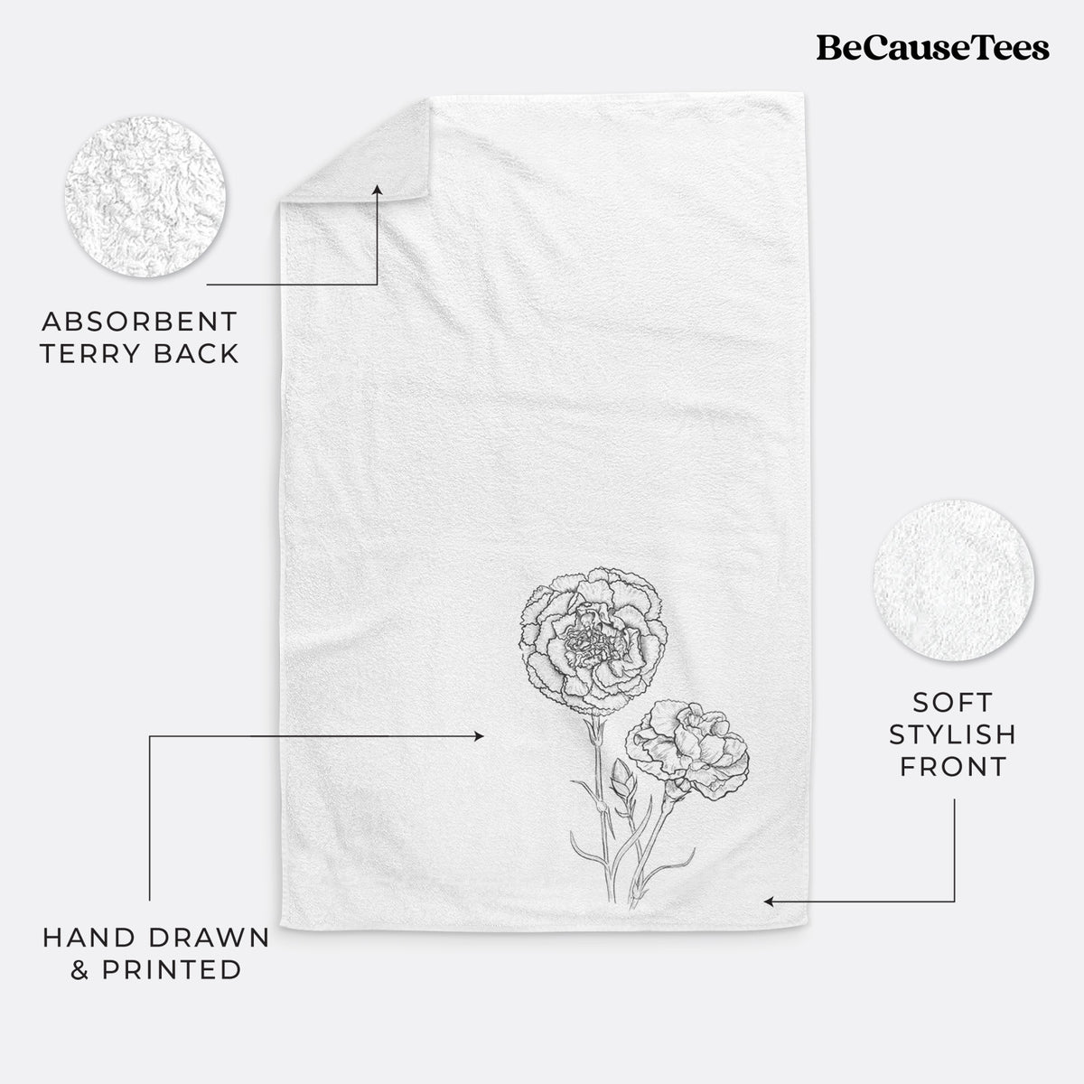 White hand towel printed with a black ink line drawing of carnation flowers on stems.