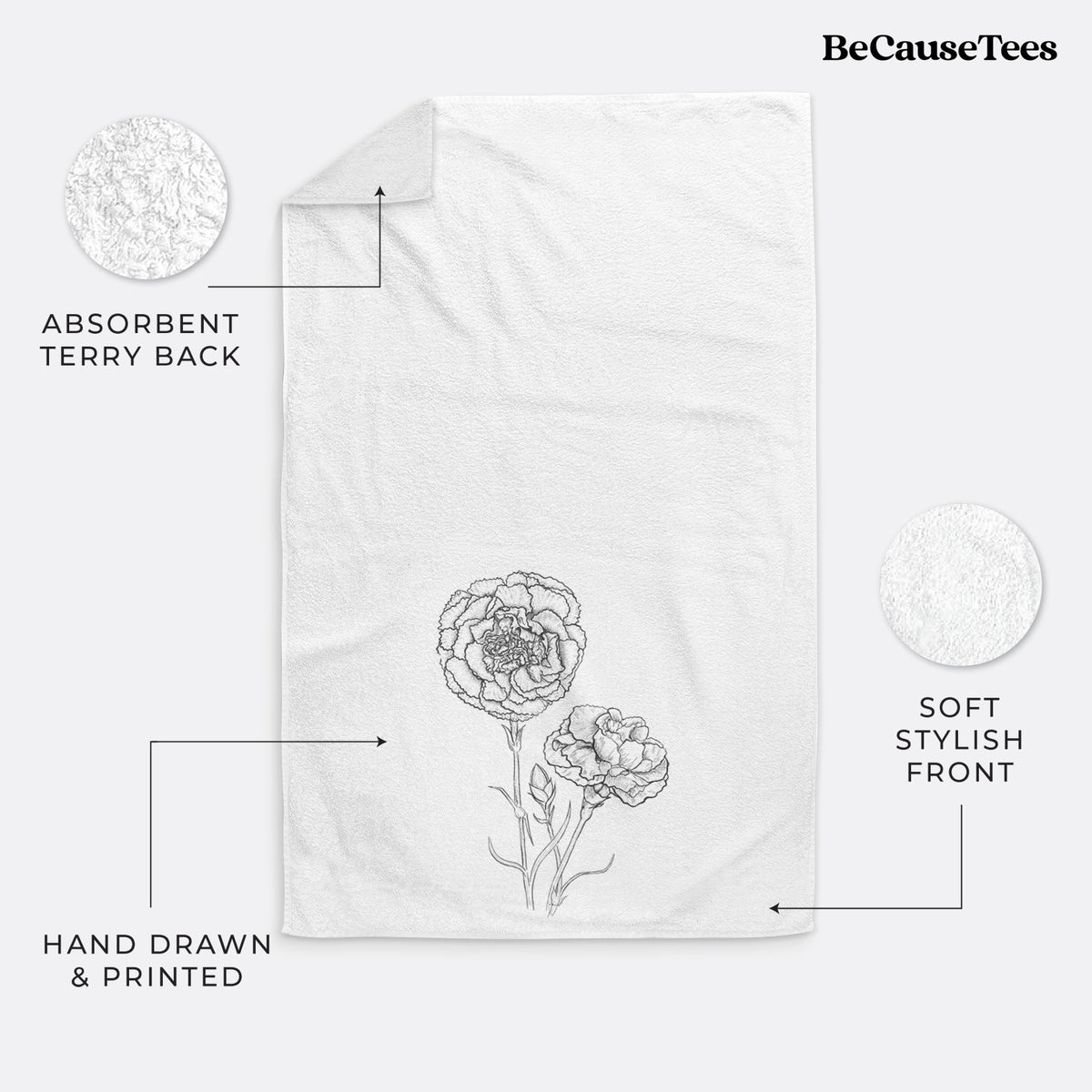 White hand towel printed with a black ink line drawing of carnation flowers on stems.