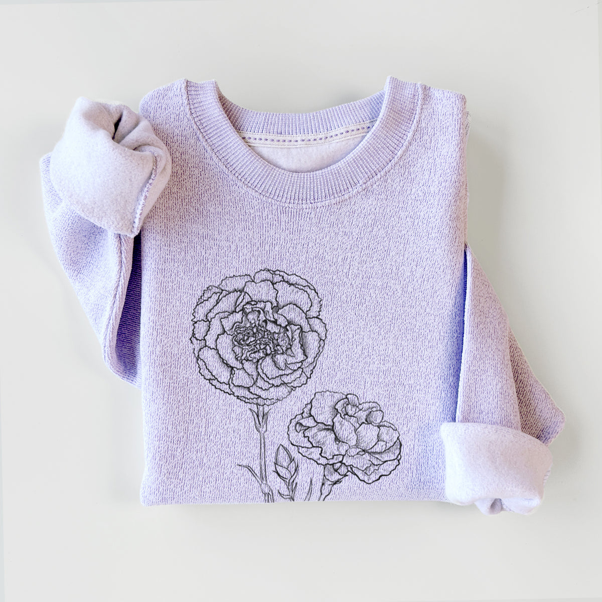 Ice purple knit sweatshirt printed with a black ink line drawing of carnation flowers on stems, styled flat.
