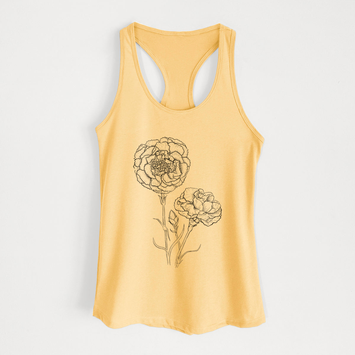 Banana cream women's racerback tank top laid flat, printed with a black ink line drawing of carnation flowers on stems.