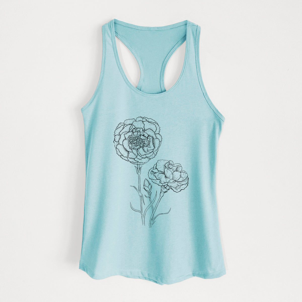 Cancun blue women's racerback tank top laid flat, printed with a black ink line drawing of carnation flowers on stems.