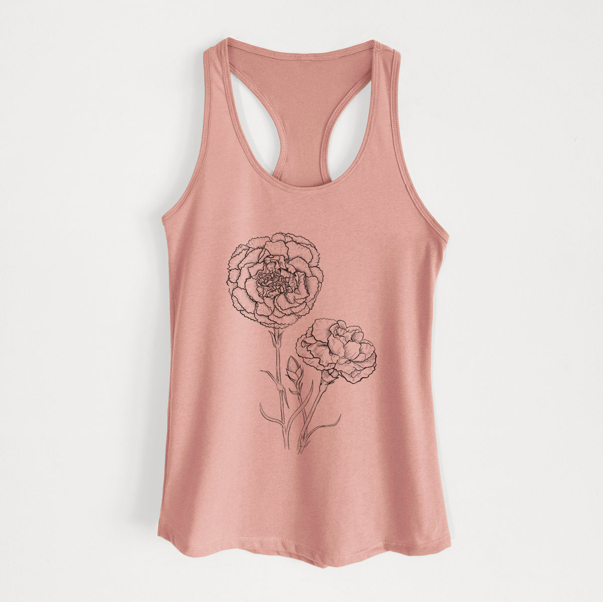Desert pink women's racerback tank top laid flat, printed with a black ink line drawing of carnation flowers on stems.