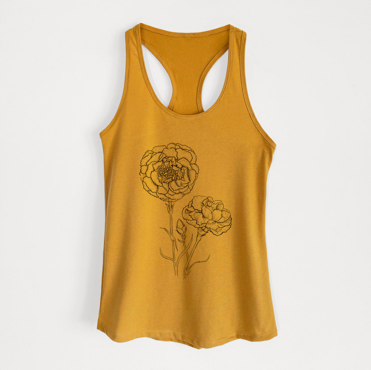 Gold women's racerback tank top laid flat, printed with a black ink line drawing of carnation flowers on stems.