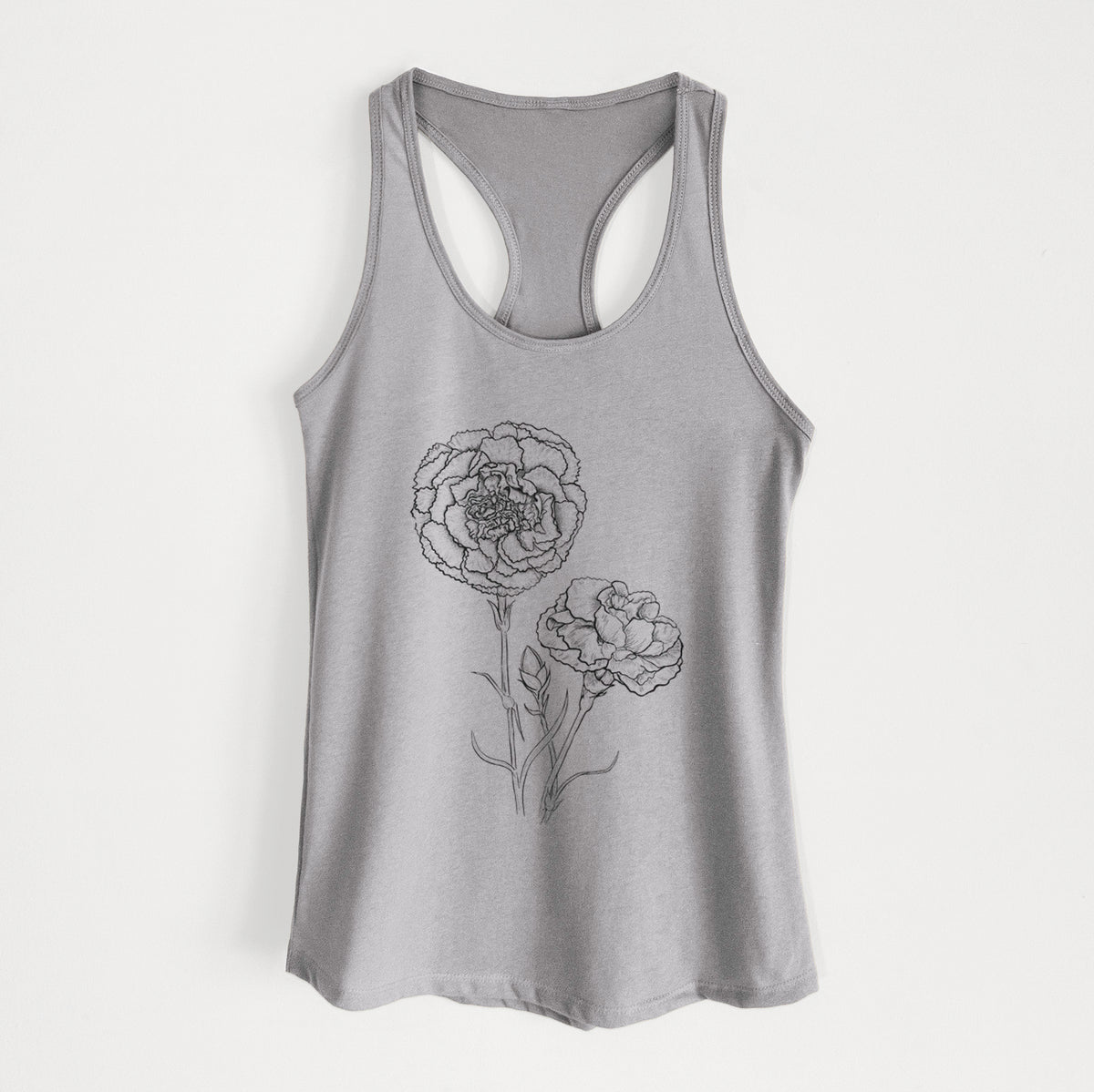 Heather grey women's racerback tank top laid flat, printed with a black ink line drawing of carnation flowers on stems.