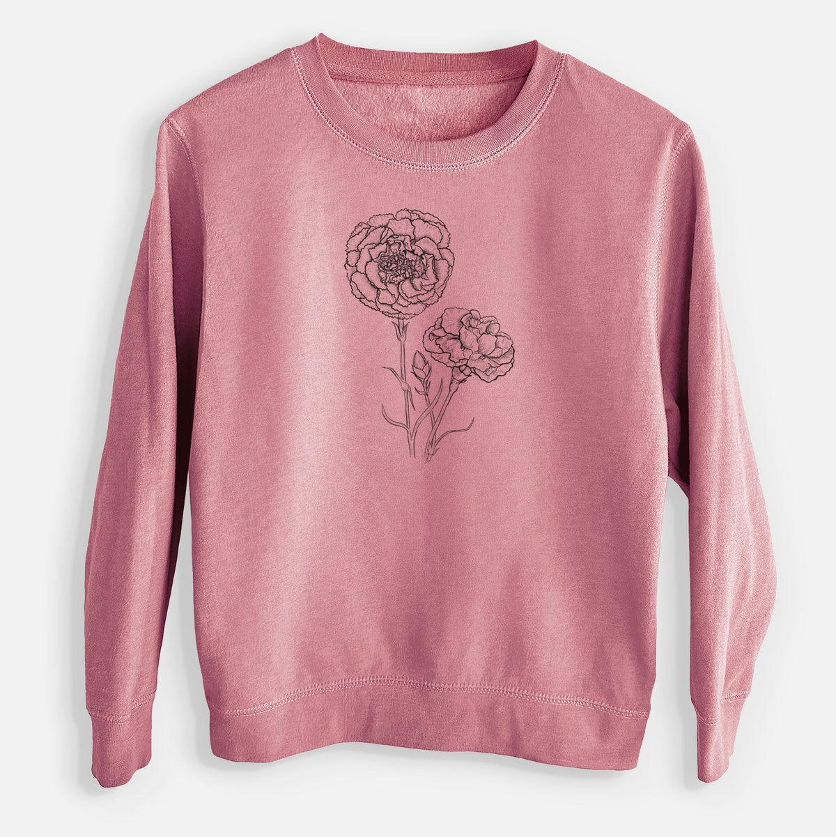 Mauve pink youth crewneck sweatshirt laid flat, printed with a black ink line drawing of carnation flowers on stems.