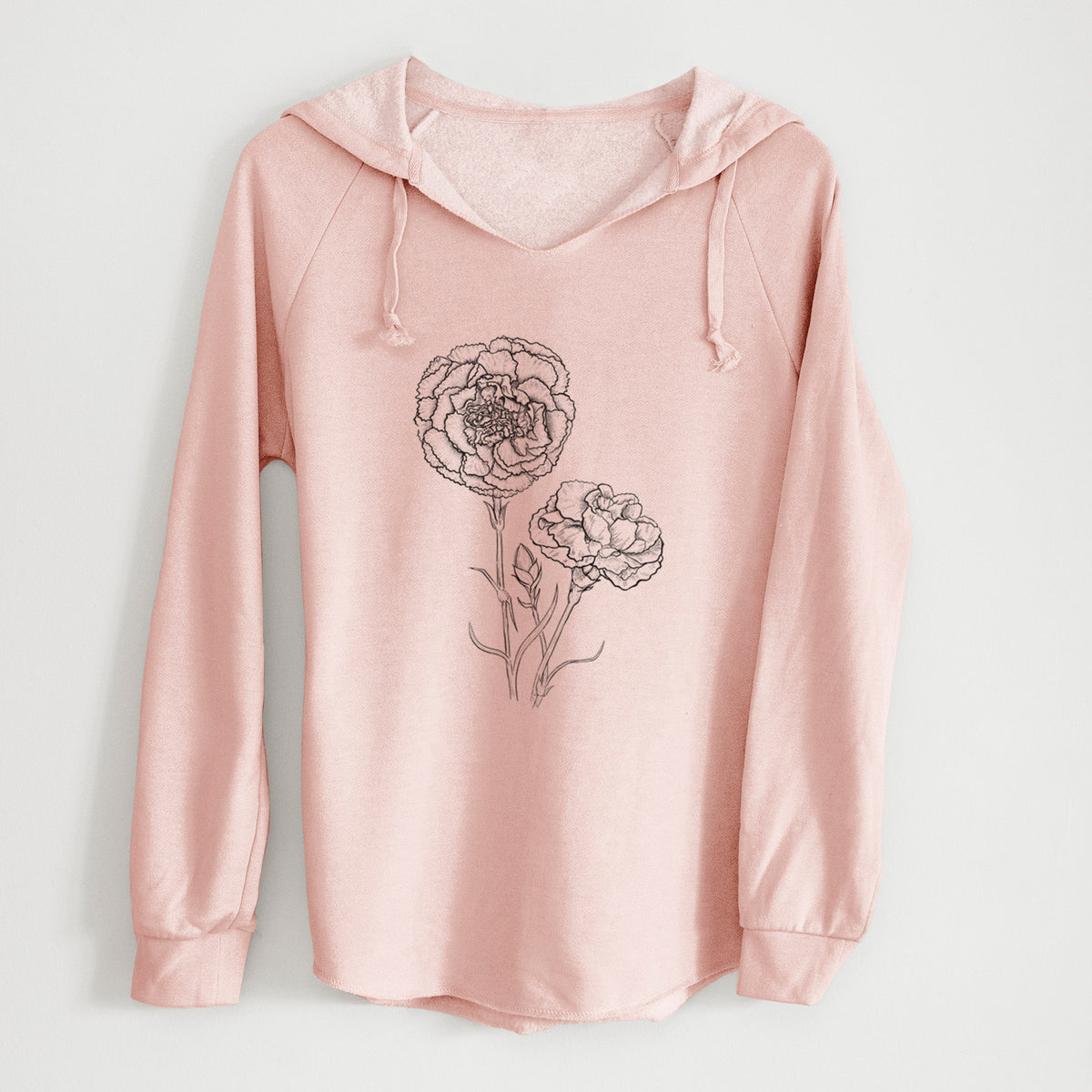 Blush pink women's Cali Wave hooded sweatshirt laid flat, printed with a black ink line drawing of carnation flowers on stems.