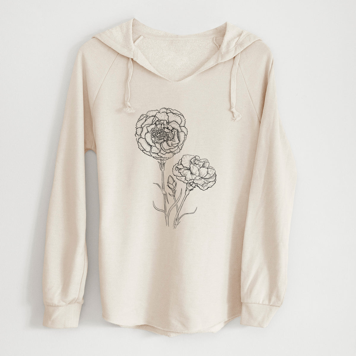 Bone cream women's Cali Wave hooded sweatshirt laid flat, printed with a black ink line drawing of carnation flowers on stems.