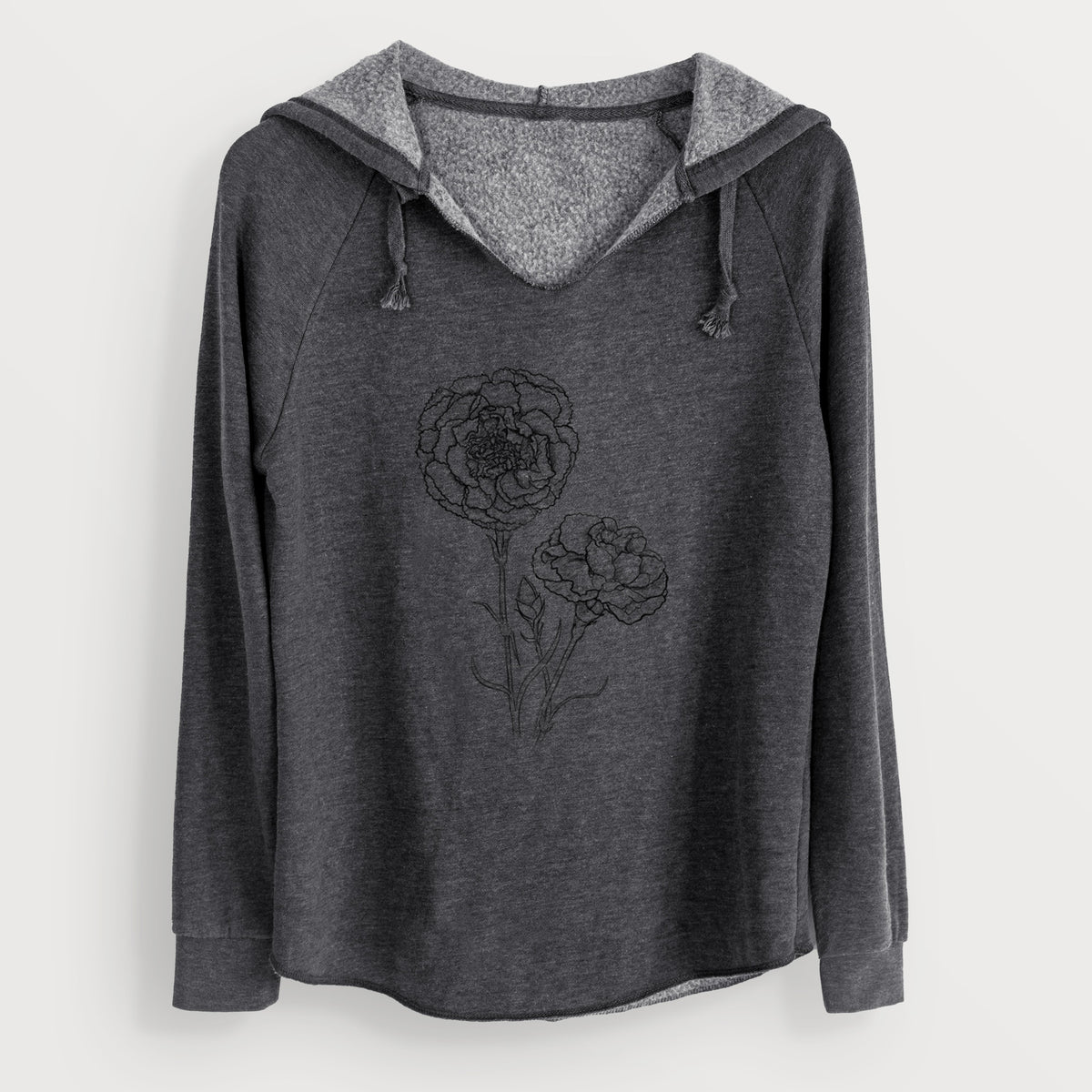 Charcoal grey women's Cali Wave hooded sweatshirt laid flat, printed with a black ink line drawing of carnation flowers on stems.