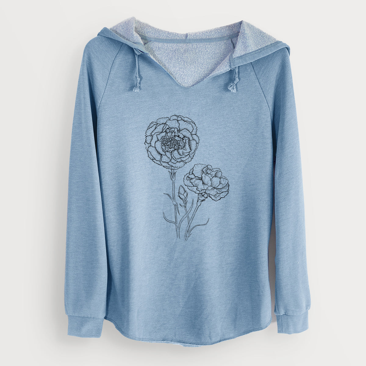 Misty blue women's Cali Wave hooded sweatshirt laid flat, printed with a black ink line drawing of carnation flowers on stems.