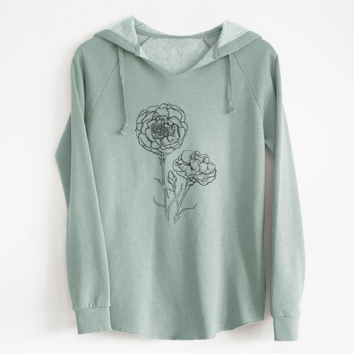 Sage green women's Cali Wave hooded sweatshirt laid flat, printed with a black ink line drawing of carnation flowers on stems.