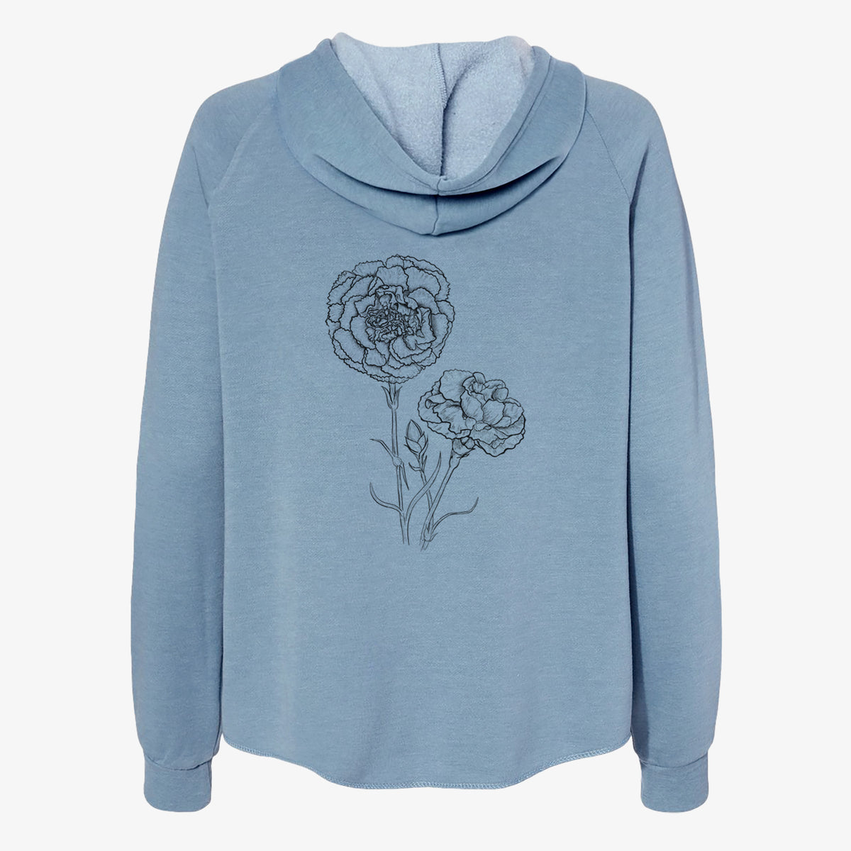 Misty blue women's Cali Wave zip-up sweatshirt laid flat, printed with a black ink line drawing of carnation flowers on stems.