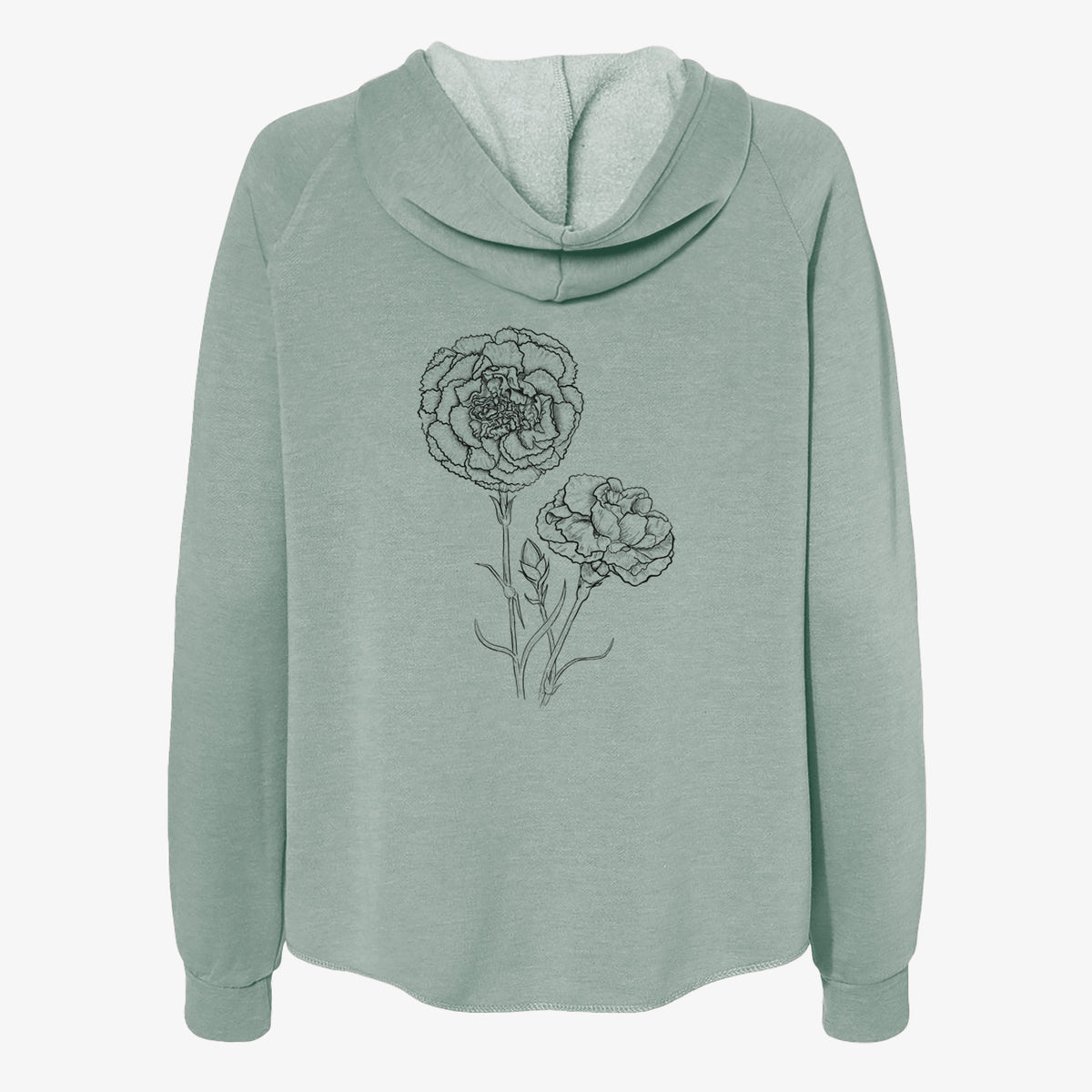 Sage green women's Cali Wave zip-up sweatshirt laid flat, printed with a black ink line drawing of carnation flowers on stems.