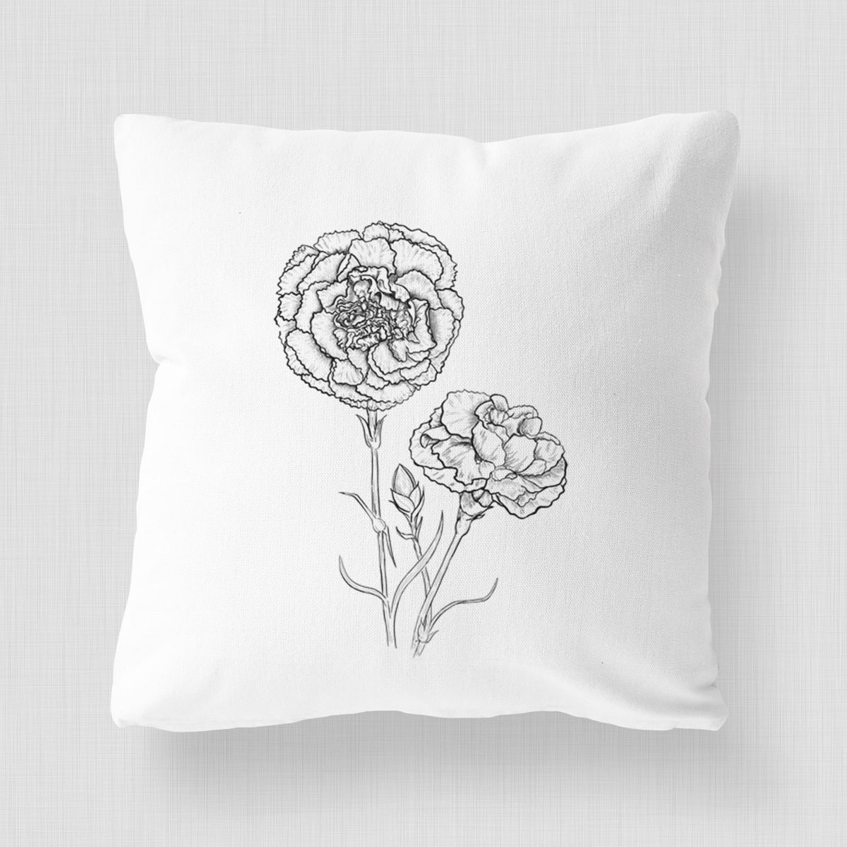 White pillow cover printed with a black ink line drawing of carnation flowers on stems.