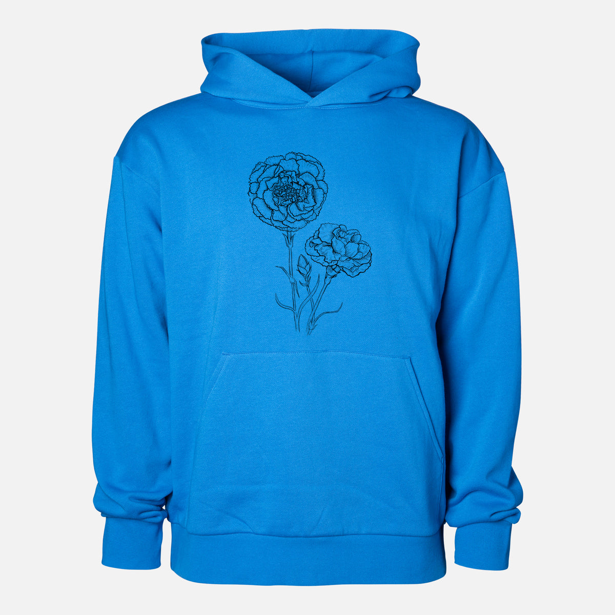 Carnations - Dianthus caryophyllus - Statement Midweight Hoodie in Azure Blue, shown from the front with the design printed on the chest above a front kangaroo pocket.