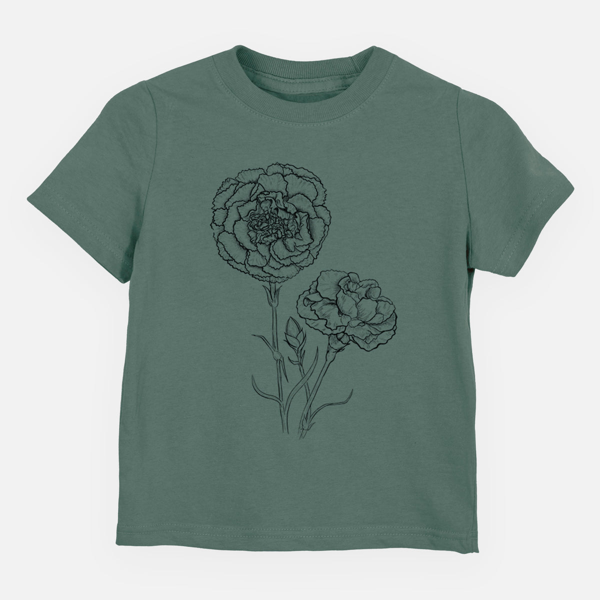 Basil green toddler t-shirt laid flat, printed with a black ink line drawing of carnation flowers on stems.