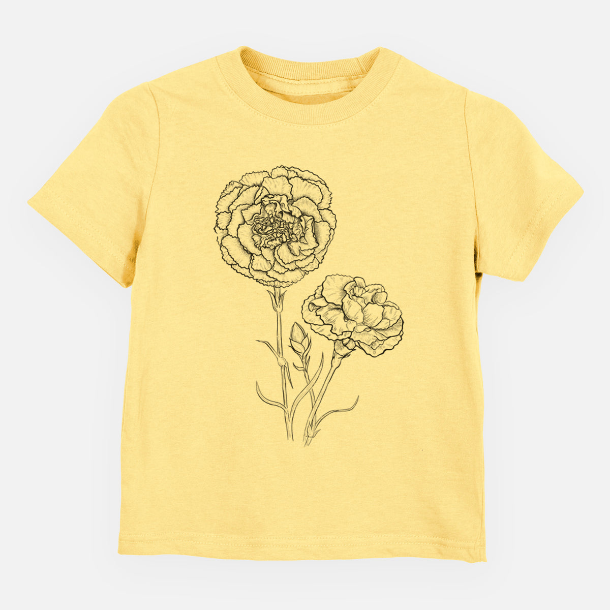 Butter yellow toddler t-shirt laid flat, printed with a black ink line drawing of carnation flowers on stems.