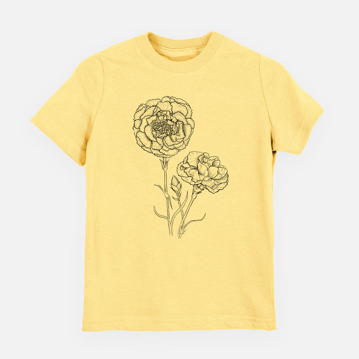 Butter yellow youth t-shirt laid flat, printed with a black ink line drawing of carnation flowers on stems.