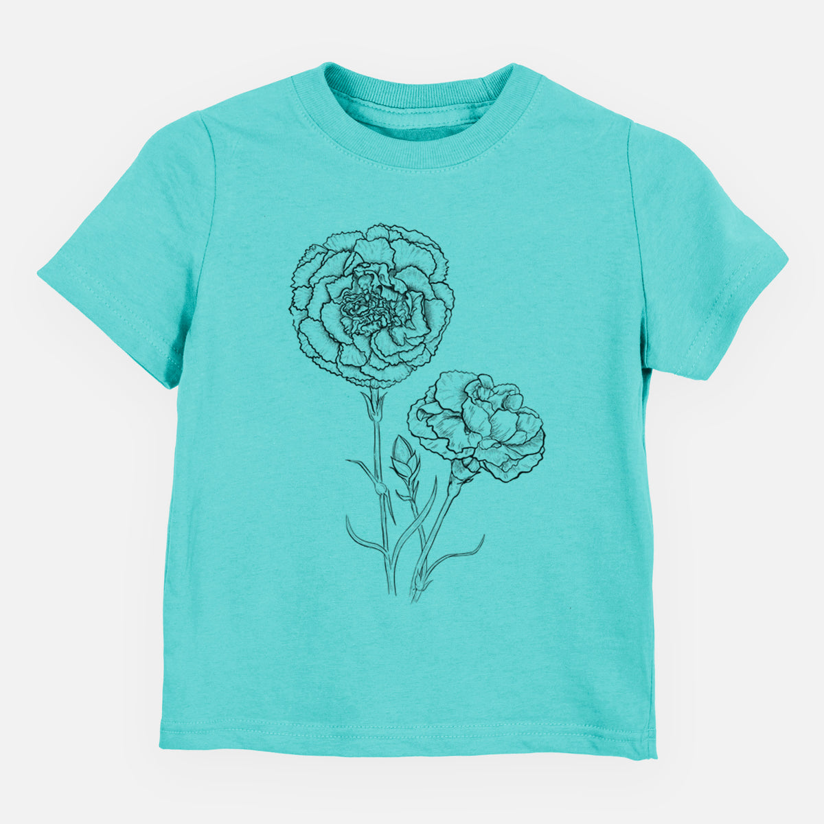 Caribbean blue toddler t-shirt laid flat, printed with a black ink line drawing of carnation flowers on stems.