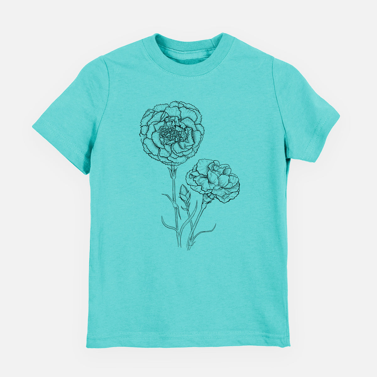 Caribbean blue youth t-shirt laid flat, printed with a black ink line drawing of carnation flowers on stems.