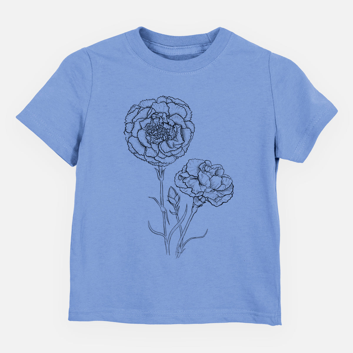 Carolina blue toddler t-shirt laid flat, printed with a black ink line drawing of carnation flowers on stems.