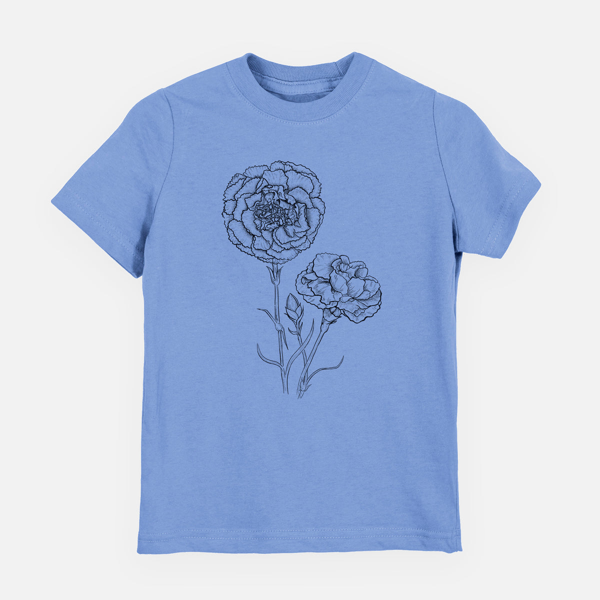 Carolina blue youth t-shirt laid flat, printed with a black ink line drawing of carnation flowers on stems.