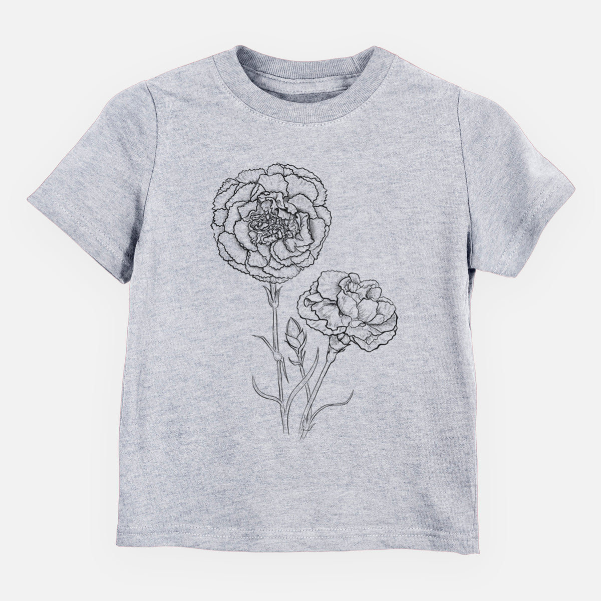 Heather grey toddler t-shirt laid flat, printed with a black ink line drawing of carnation flowers on stems.