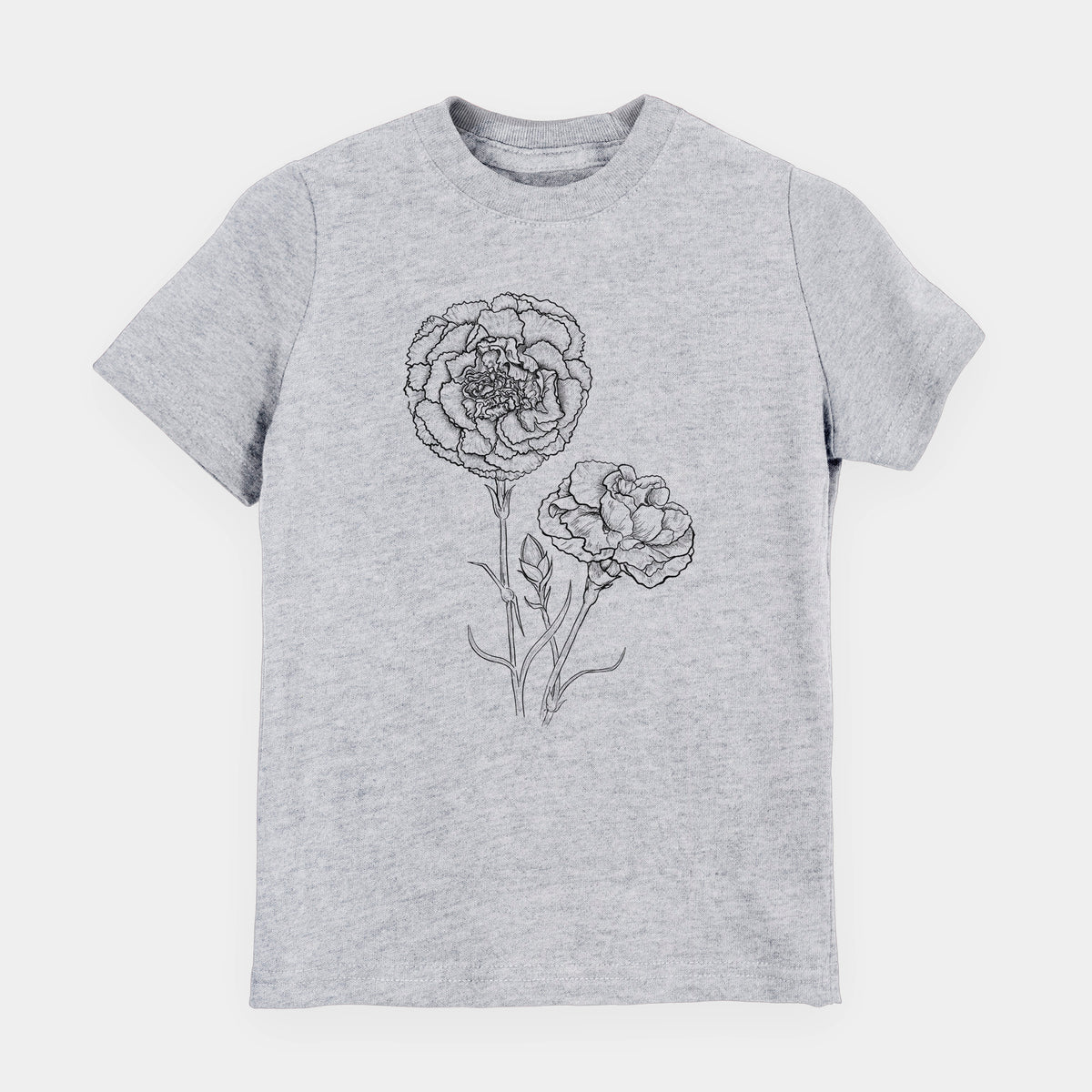 Heather grey youth t-shirt laid flat, printed with a black ink line drawing of carnation flowers on stems.