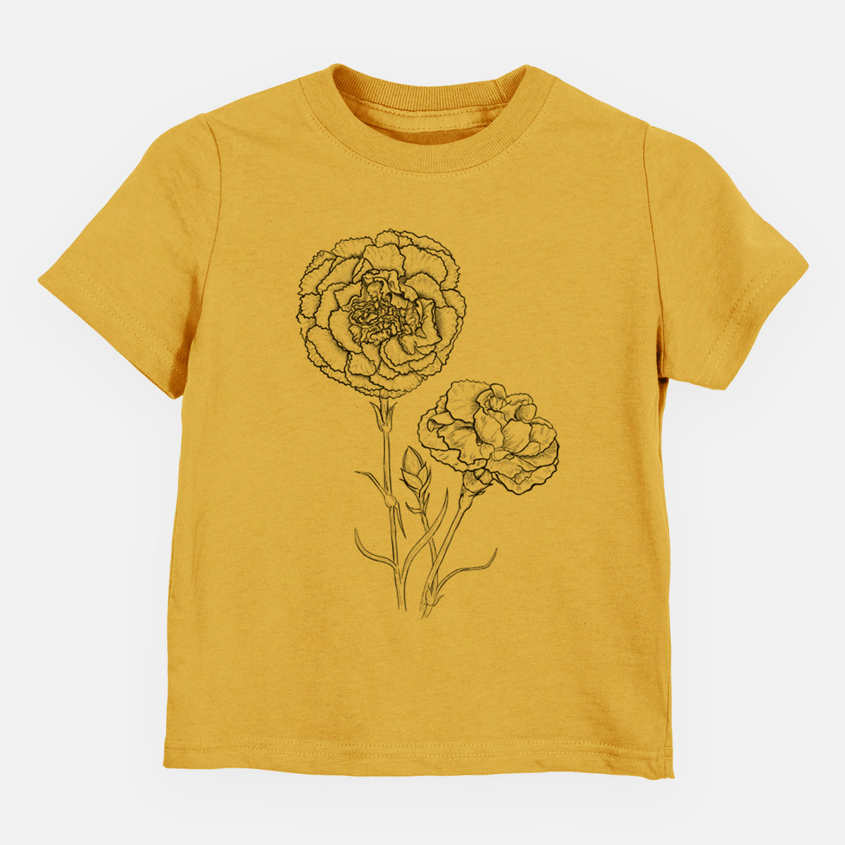 Honeycomb yellow toddler t-shirt laid flat, printed with a black ink line drawing of carnation flowers on stems.