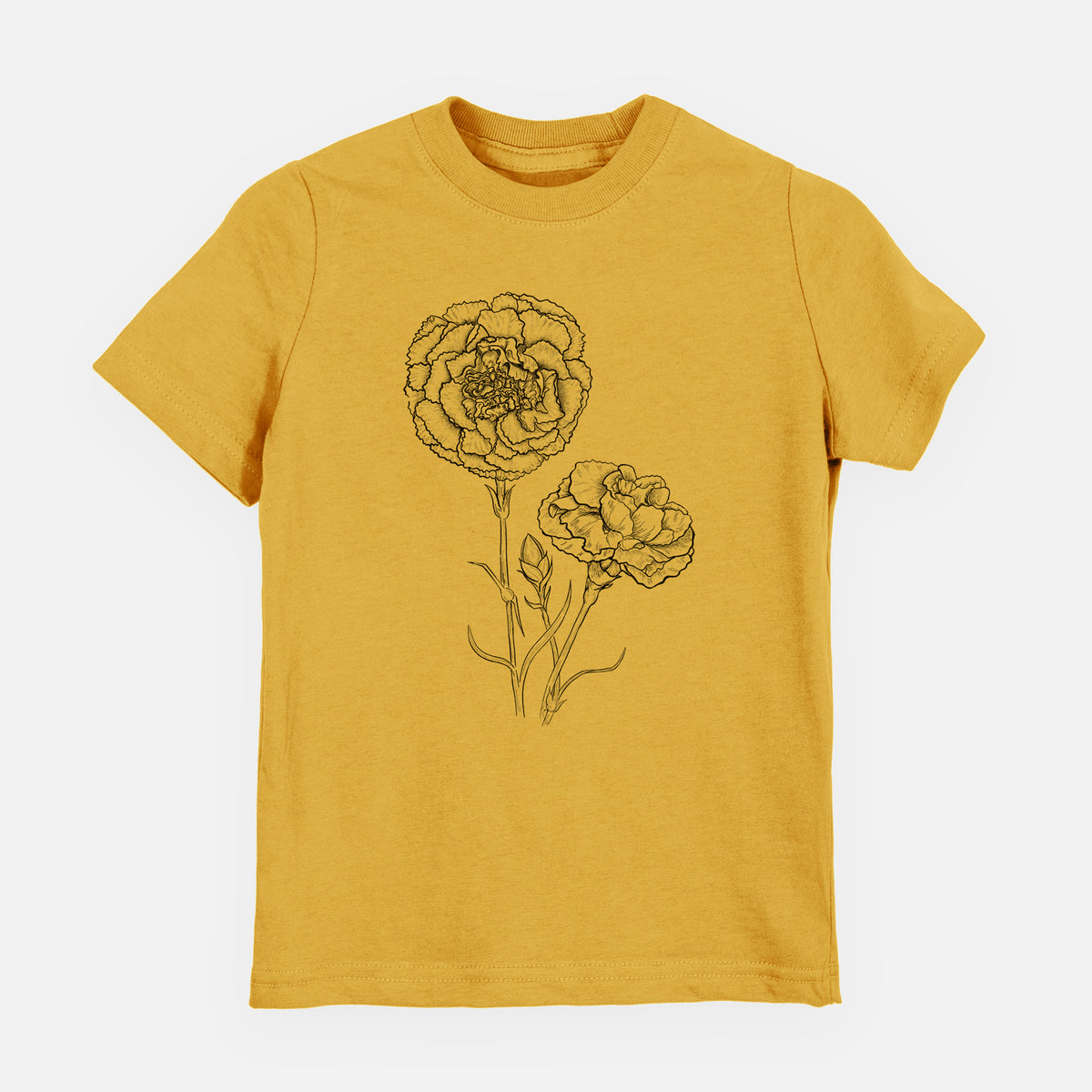 Honeycomb yellow youth t-shirt laid flat, printed with a black ink line drawing of carnation flowers on stems.